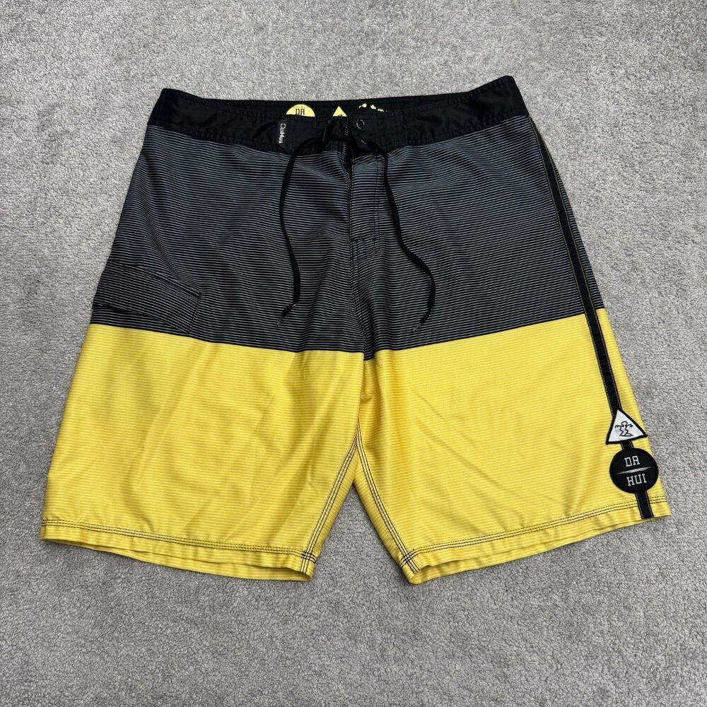 Da Hui Board Shorts Swim Trunks Mens 36 Black Yellow Striped Surfing Summer
